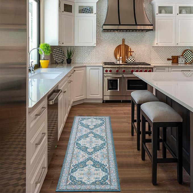 WILLSUN Washable Area Rugs, 2x6 Non-Slip Boho Area Rugs for Kitchen, Living Room, Bedroom, Machine Washable Vintage Rug, Indoor Floral Print Carpet for Home Decor, Kid & Pet Friendly Mat