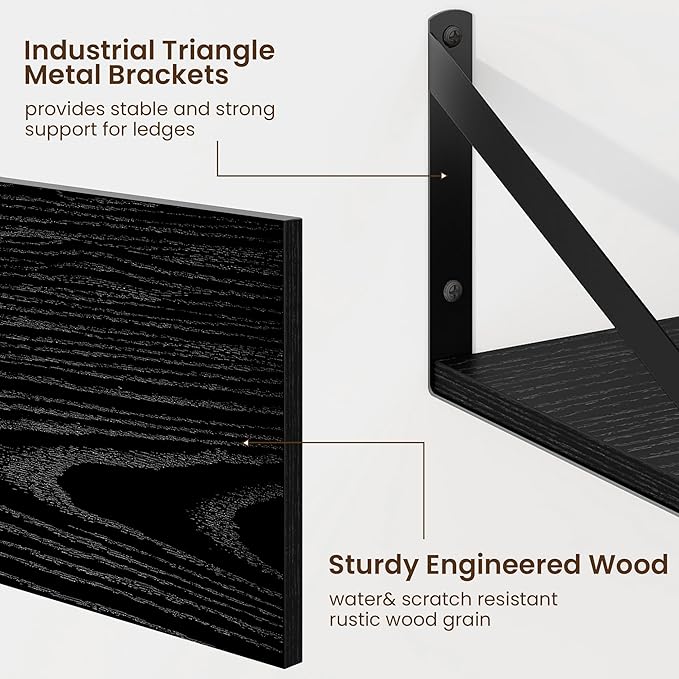 Fun Memories Floating Shelves for Wall, 12 Inch Deep Floating Shelves Set of 2, 24W x 12D Large Wall Shelf with Sturdy Metal Brackets for Living Room, Bathroom, Bedroom and Kitchen, Black