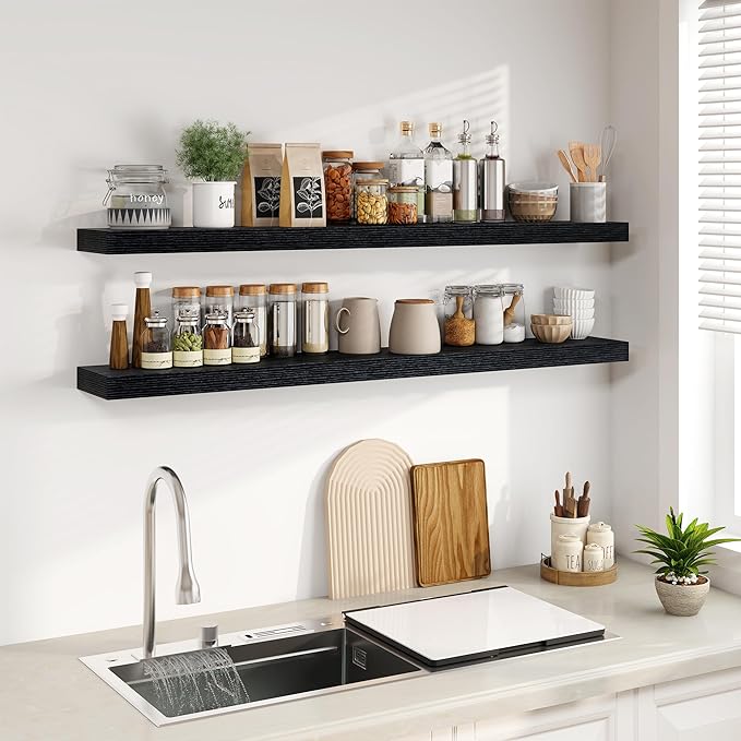 Fun Memories Floating Shelves for Wall, 55Inch Floating Shelves Set of 2, Hanging Shelf with Invisible Brackets, Wood Shelves for Living Room, Bedroom, Kitchen, Black