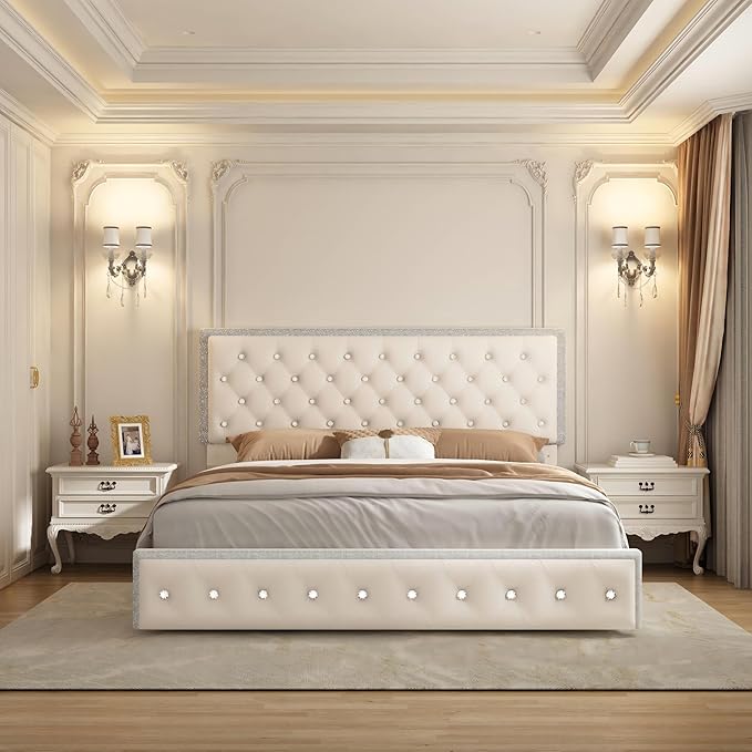 Full LED Bed Frame with 2 Drawers, Storage Platform Beds with Upholstered Crystal Button Tufted Headboard Footboard, 2 Side Pockets, No Box Spring Needed, Velvet Cream