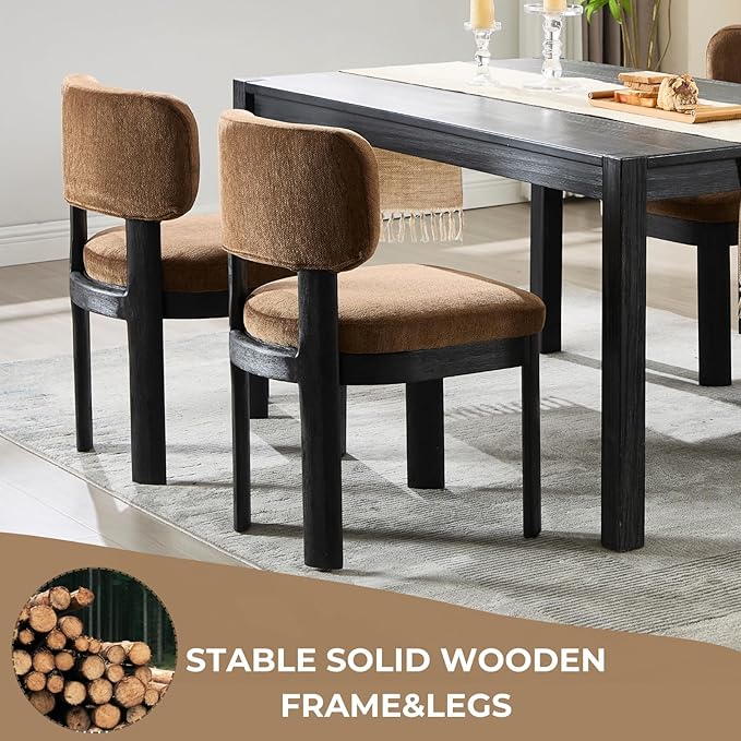Modern Brown Upholstered Dining Chairs Set of 6 Wooden Side Chairs with Curved Backrest and Black Legs for Kitchen Island, Dining Room