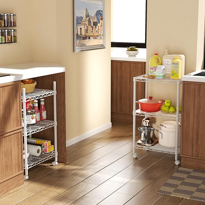 SINGAYE 3 Small Shelves Storage Shelf Wire Shelving Unit Metal Shelf Adjustable Organizers Storage Shelving with Wheels for Bathroom Laundry Room Kitchen Pantry