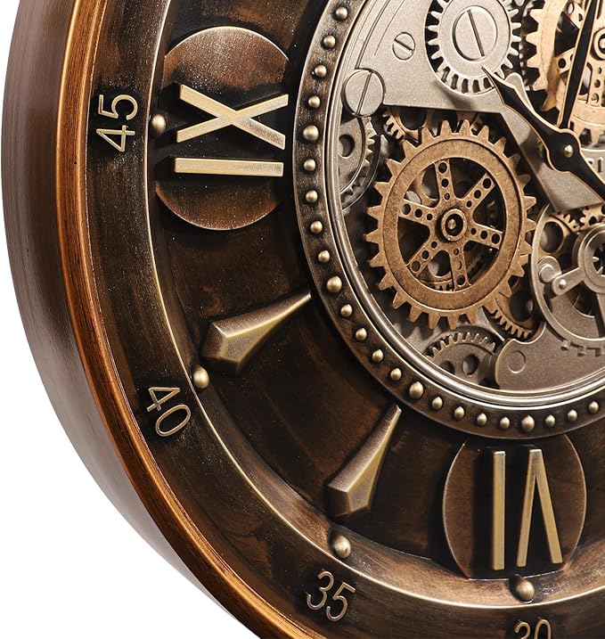 October Elf 24 Inch Wall Clock with Moving Gears Large Industrial Steampunk Metal Clock Antique Gold Oversized Farmhouse Decor Wall Clock for Living Room Home Office(Brown with Roman Numerals)
