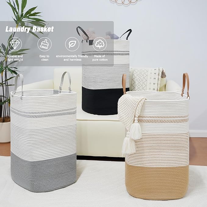 danpinera 75L Woven Laundry Hamper with Long Leather Handles, Baby Laundry Basket for Nursery, Tall Hampers for Bedroom Aesthetic, Decorative Clothes Storage Basket for Family White & Black