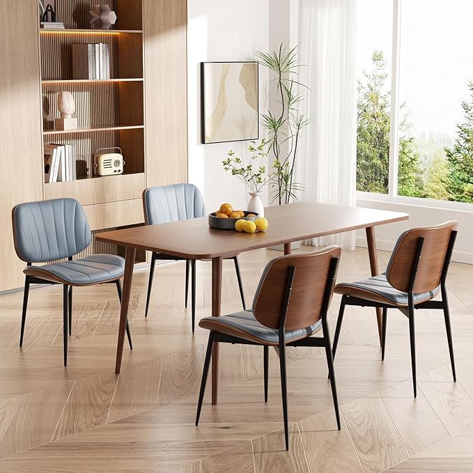 Dining Chairs Set of 4, Mid Century Modern Dining Room Chair, Upholstered Faux Leather Kitchen Chairs with Walnut Bentwood Back and Metal Legs for Kitchen Dining Room Living Room, Blue