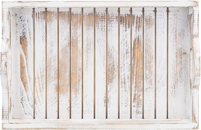 MyGift Shabby Chic Whitewashed Wood Breakfast Serving Tray with Cutout Handles with Slatted Design, Breakfast Ottoman Coffee Table Tray, 16 x 11 Inches