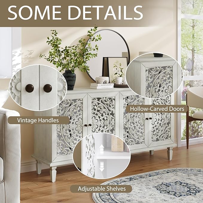Retro 60'' Large Storage Cabinet Sideboard with 4 Hollow-Carved Doors and Adjustable Shelves, Acacia Wood Vintage Entryway Console Table TV Stand for Living Room Dining Room (Antique White-LK)
