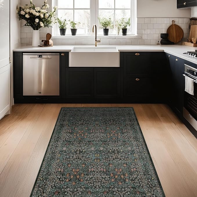 Dark Green Washable 3x6 Large Entryway Runner Rug Indoor, Non-Slip Floor Rugs for Kitchen, Bedroom, Bathroom Beside Bed, Stain & Fade Resistant, Vintage Floral Design