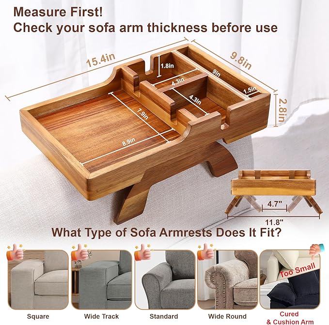 Acacia Wood Couch Arm Tray, 15.35"x9.85" Couch Armrest Table with Cup Holder, Foldable Desktop for Dual Use Sofa Arm Tray, with Non-Slip Feet