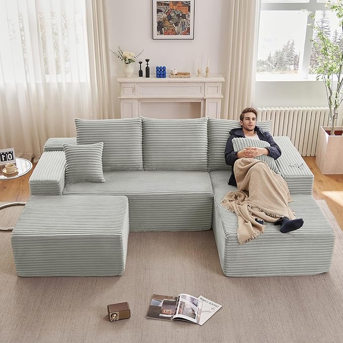 107" U-Shape Cloud Couch, Modern Modular Sectional Comfy L-Shape Sofa with Ottoman, Deep Seat, Upholstered Corduroy Sleeper Chaise Longue for Living Room Bedroom, No Assembly Required, Grey