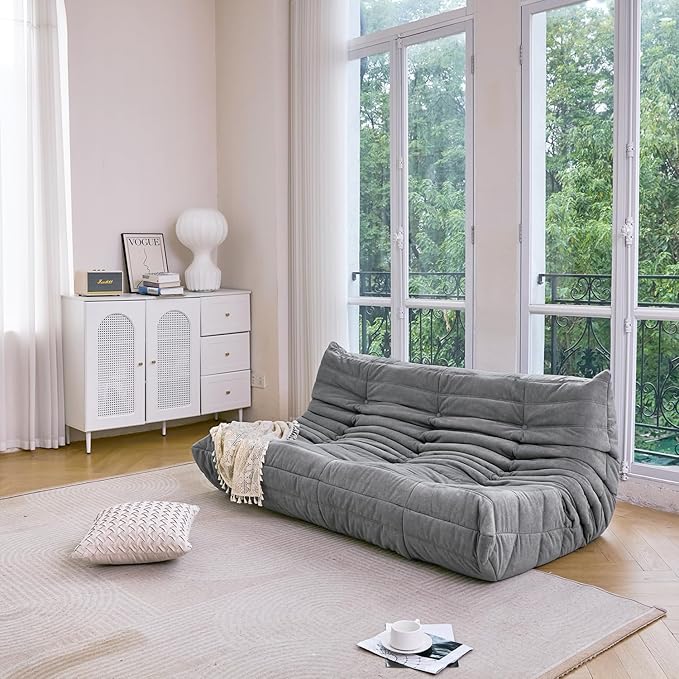 N&V Fireside Chair, Mid Century Armless Floor Sofa, Soft Premium Microfiber Floor Lounge Chair, Foam Sofa Accent Chair for Living Room Bedroom and Office (Grey, Three Seater)