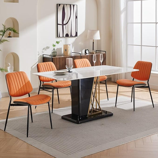 Dining Chairs Set of 6, Mid Century Modern Accent Dining Room and Kitchen Chairs, Upholstered PU Leather Vertical Stripe Chairs for Vanity with Walnut Bentwood and Metal Legs, Orange