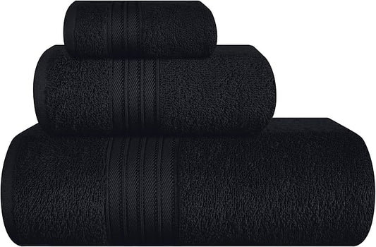 BOUTIQUO Ultra Soft 3 Pack Cotton Towel Set, Contains a Bath Towels 28x55 inch, a Hand Towels 16x24 inch & a Wash Coths 12x12 inch, Ideal Everyday use, Compact & Lightweight - Black
