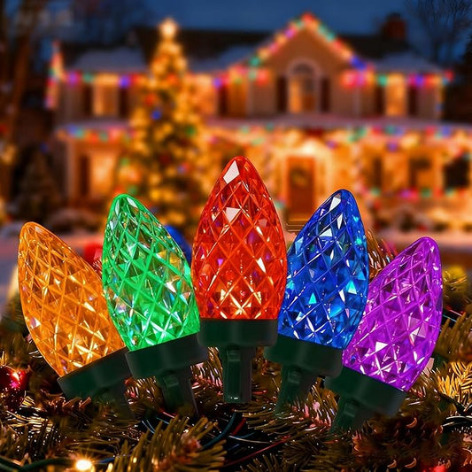 C7 LED Christmas Lights Outdoor,50 LED Multicolor C7 Christmas Light 0.07w per Diamond Bulb,26FT Xmas Lights Outdoor for House, Yard, Garden, Christmas Tree Decoration, Green Wire