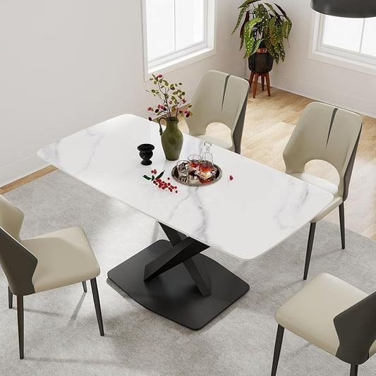 63" Modern Dining Table for 4-6 People, White Sintered Stone Table Top with X-Shape Carbon Steel Pedestal, Large Rectangular Table for Kitchen Living Room