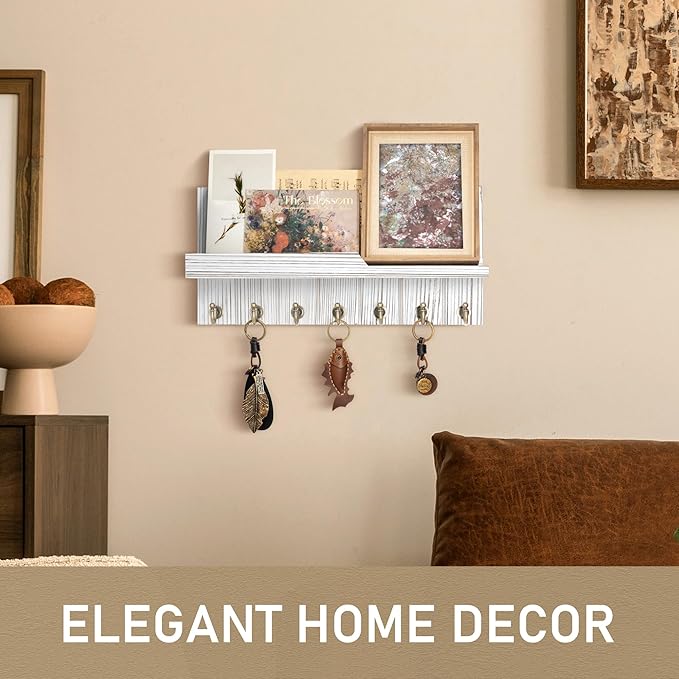 Rebee Vision Farmhouse Key and Mail Holder for Wall - Decorative Mail Organizer Wall Mount with 7 Hooks and Mounting Hardware - Elegant White Key Hanger for Entryway and Home Wall Decor (Whitewash)