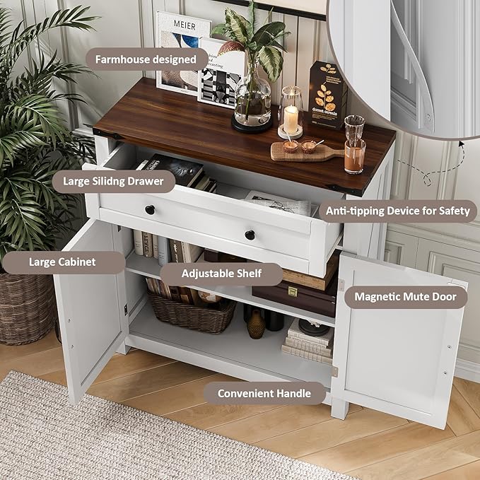 Farmhouse Storage Cabinet with 2 Doors, White Kitchen Cabinet with Walnut Countertop, Freestanding Floor Storage Cabinets Hutch Cupboard