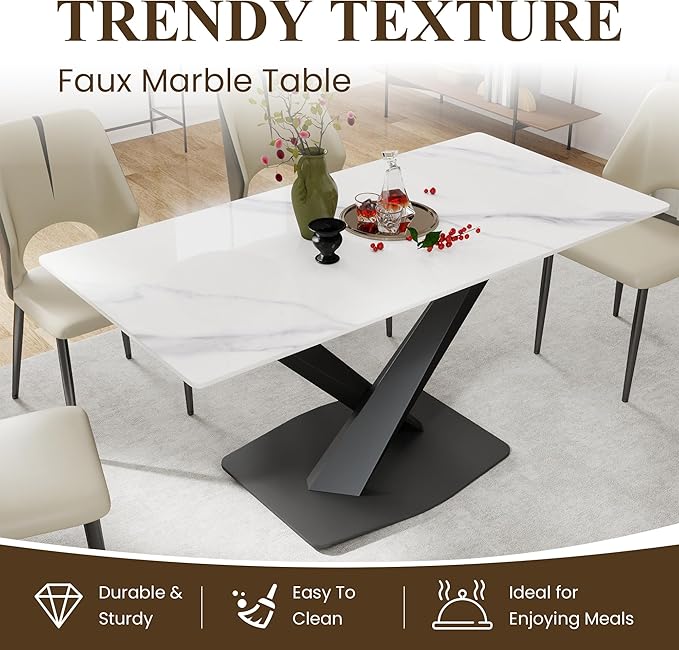 63" Modern Dining Table for 4-6 People, White Sintered Stone Table Top with X-Shape Carbon Steel Pedestal, Large Rectangular Table for Kitchen Living Room