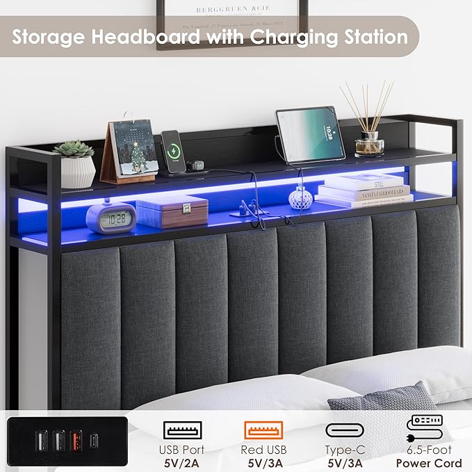 Keyluv Full LED Bed Frame with Storage Headboard & 2 Drawers, Upholstered Platform Bed with Charging Station & Bedside Storage Rack, Metal Slat Support, No Box Spring Needed, Linen Fabric, Black