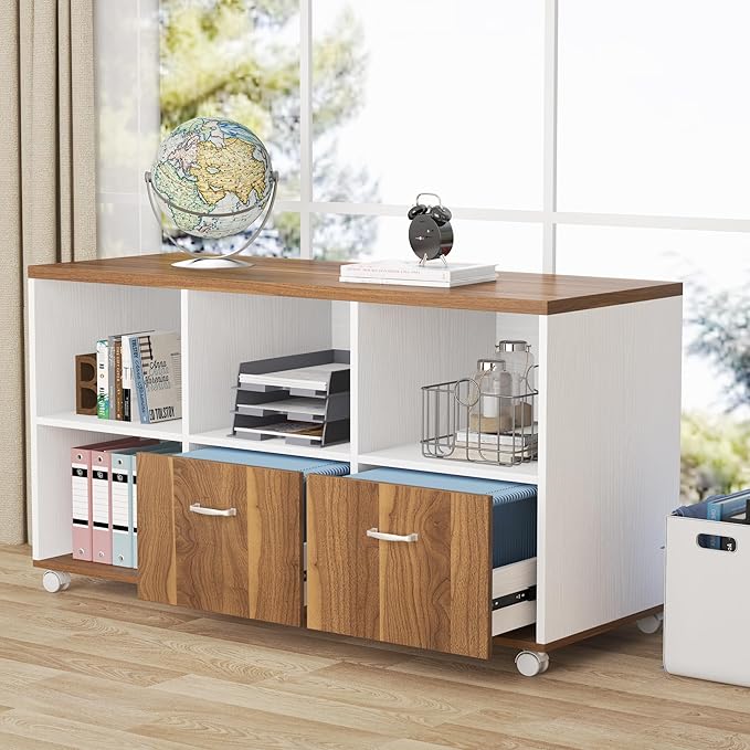 Tribesigns 63-Inch Executive Computer Desk with 47-Inch Lateral File Cabinet, Large Workstation Business Furniture, L Shaped Desk with Drawers and Storage Shelves for Home Office, Walnut & White