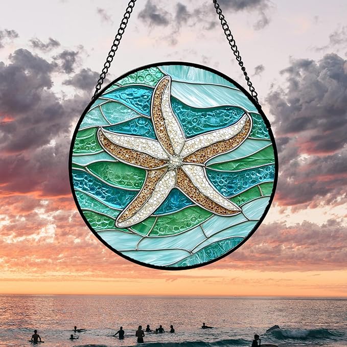 Stained Glass Window Hanging 4 Pcs Set Cyan Ocean Life Theme 7.8" - Sea Starfish Suncatcher Door Garden Sun Catcher Decor Birthday for Mom Woman Nana Men Friend