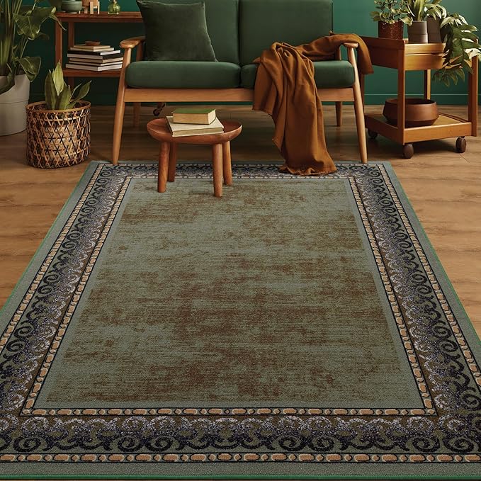 Antep Rugs Alfombras Bordered Modern 3x5 Non-Slip (Non-Skid) Low Pile Rubber Backing Indoor Area Rug (Green, 3' x 5')
