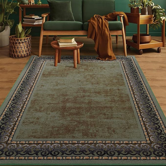Antep Rugs Alfombras Bordered Modern 5x7 Non-Slip (Non-Skid) Low Pile Rubber Backing Indoor Area Rug (Green, 5' x 7')