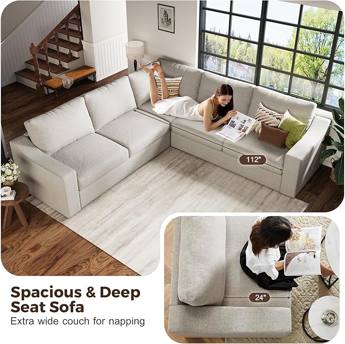 ABCASA 112" L Shaped Sectional Sofa with Detachable Sofa Cover, Reversible Sectional Modular Couch for Living Room, Linen Fabric Corner Couch with 7 Seats, Oatmeal