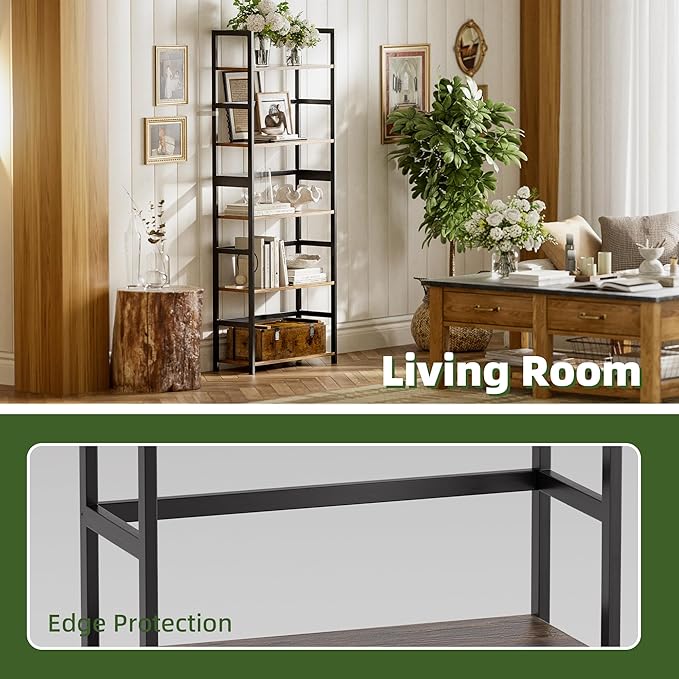 5-Tier Bookshelf, Industrial Bookcase with Bamboo Frame, Modern Display Standing Shelf Unit, Tall Wood Storage Organizer for Living Room, Home Office, Rustic Brown