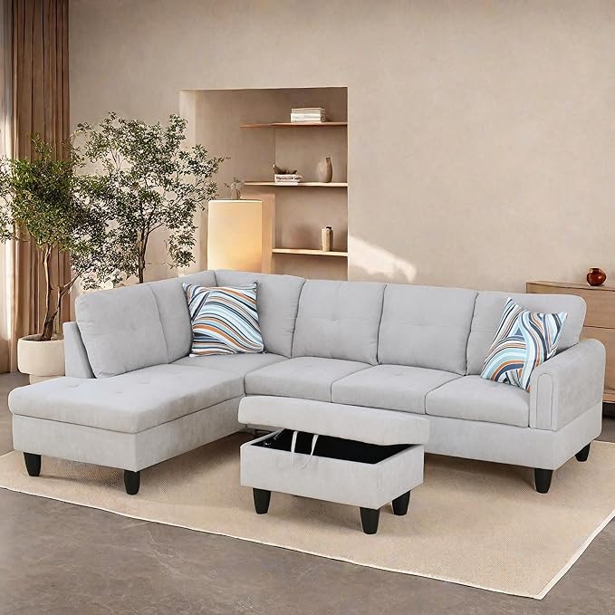 108-Inch Modular L-Shaped Sectional Sofa with Deep Seat, Modern L Shaped Cloud Couch with Chaise, Upholstered Couches for Living Room, Bedroom, Office, No Assembly Require (Gray)