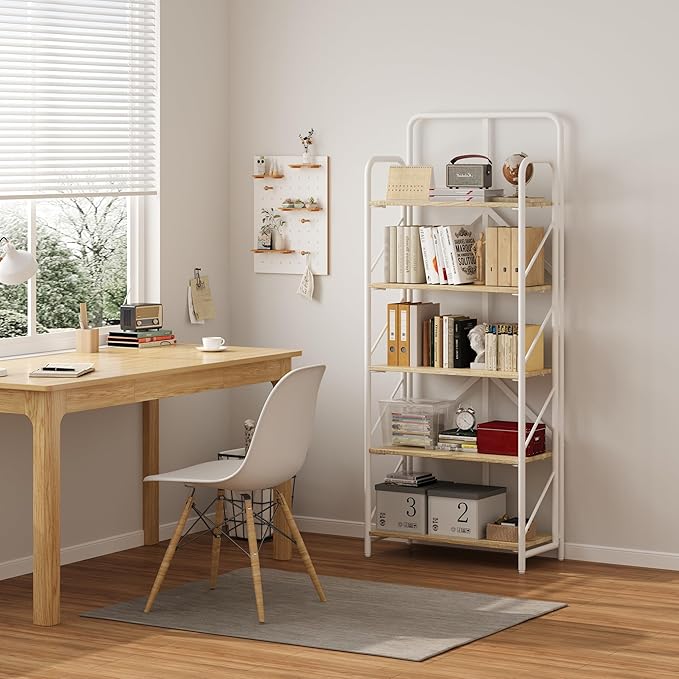 JSB No Assembly Folding Bookshelf, 5 Tier Industrial Metal Book Shelf for Storage, Vintage Wood Foldable Bookcase for Living Room, Bedroom, Office Organization Shelves