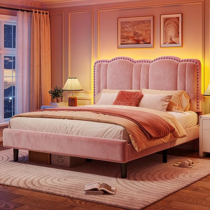 EnHomee Queen Bed Frame with LED and Velvet Headboard, Bed Frame Queen Size with Adjustable Cute Cloud Headboard, Strong Support, Noise Free, No Box Spring Needed, Easy Assembly, Pink