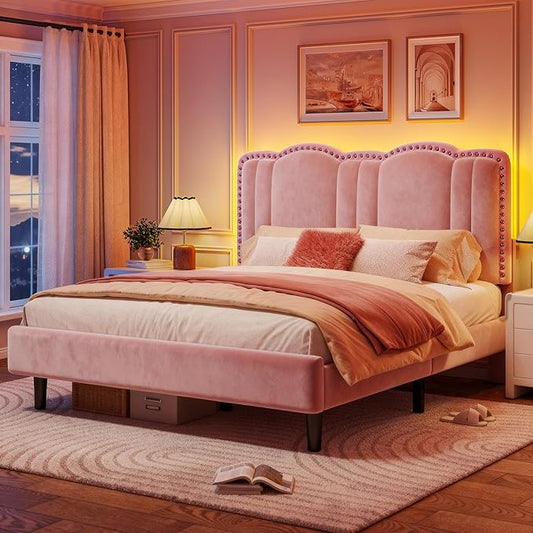 EnHomee Queen Bed Frame with LED and Velvet Headboard, Bed Frame Queen Size with Adjustable Cute Cloud Headboard, Strong Support, Noise Free, No Box Spring Needed, Easy Assembly, Pink