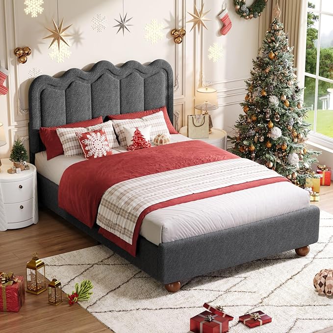 Full Size Bed Frame with Headboard, Boucle Bed Frame, Soft Upholstered Platform Cloud Bedframe with Footboard, Solid Wood Legs, Solid Wooden Slats Support, No Box Spring Required, Easy Assembly, Grey