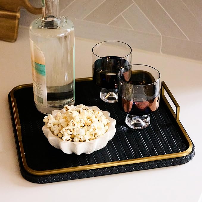 Preston Lane Mayfair Decorative Tray – Vegan Leather with Woven Texture, Brushed Brass Handles – Serving, Dresser & Coffee Table Tray, Ink