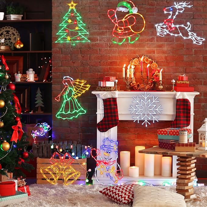 Christmas Decorations - 16" Christmas Window Silhouette Lights - 4 Pack Colour Lighted Santa & Reindeer & Christmas Tree & Bell for Holiday Indoor and Outdoor Wall Door Window Decorate