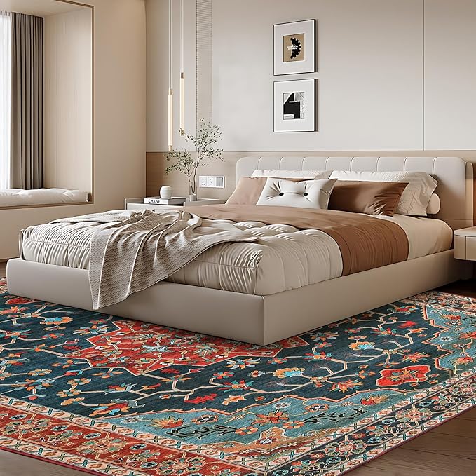 WILLSUN Washable Area Rugs, 8x10 Non-Slip Boho Large Area Rugs for Living Room, Bedroom, Machine Washable Vintage Rug, Indoor Floral Print Carpet for Home Decor, Kid & Pet Friendly Mat