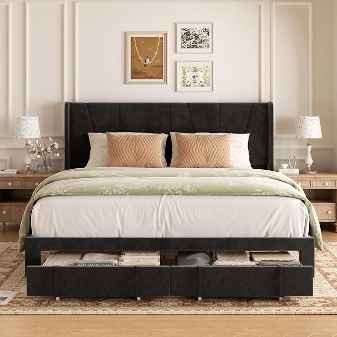 King Bed Frame with Storage Drawers, Upholstered King Size Platform Bed with 47“ Tall Headboard and Wingboard, No Box Spring Needed, NO Noise, Easy Assembly, Wooden Support Slats, Black