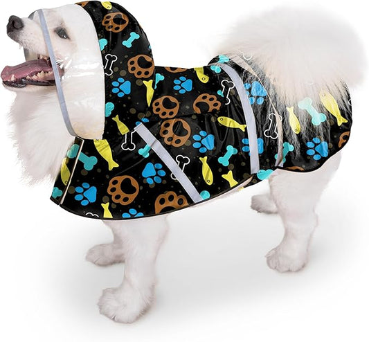 Dog Raincoat, Adjustable Dog Rain Jacket with Clear Hooded Double Layer for Large Medium Small Dogs Puppies, Waterproof Rain Coat Poncho Paw Print, Black-L