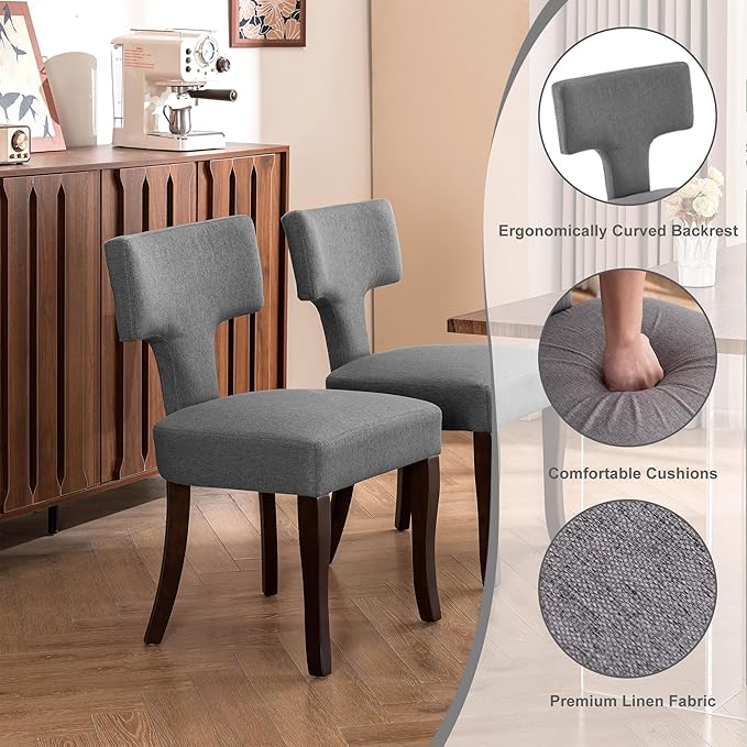 Mid Century Modern Dining Chairs Set of 2, Upholstered Side Dining Chairs with Curved Back Linen Fabric Armless Wood Chairs Kitchen & Dining Room Farmhouse Chairs (Gray)