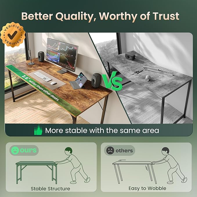 Huuger Computer Desk, 55 Inch Home Office Desk, Gaming Writing Work from Home Study Desk, Large Legroom, Sturdy Metal Frame, Modern Simple, Rustic Brown