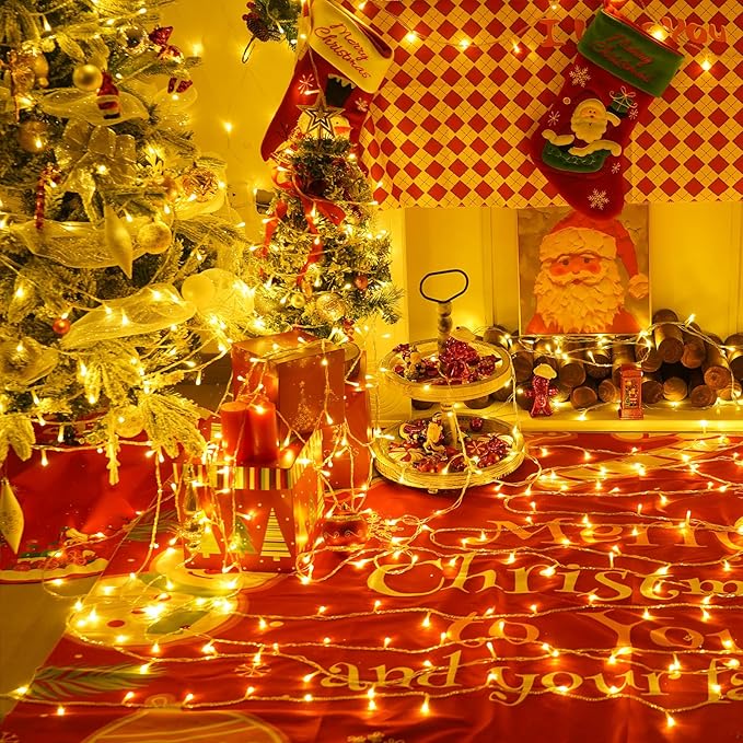QITONG Warm White Christmas Lights Outdoor, Clear Wire 165ft 500 LED String Light Plug-in, 8 Modes Twinkle Xmas Lights Indoor