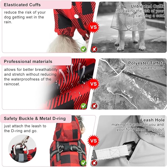 BEAUTYZOO Dog Raincoat Hooded with Harness Built-in, Slicker Poncho, Waterproof Dog Rain Coat for Winter Rainy Snowy Days, Buffalo Red, L