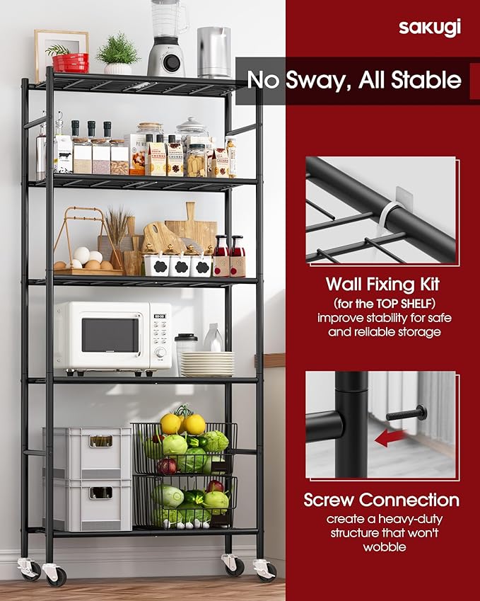 Storage Shelves Organizer - 5 Tier Metal Shelf Organizer with Metal Wheels and Adjustable Leveling Feet, Heavy Duty Garage Shelving for Kitchen, Pantry and Closet, 33.1"x12.6"x73.5", Black