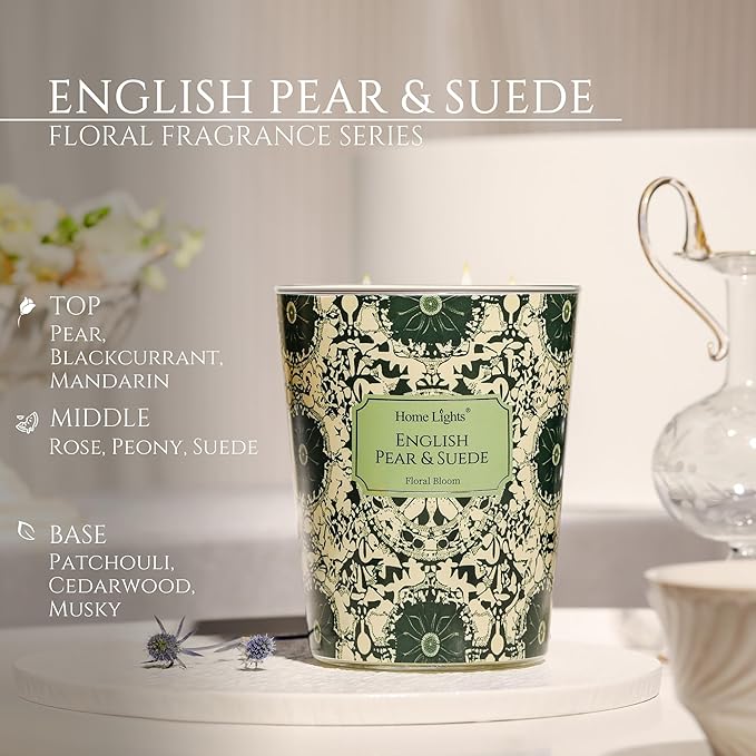 HomeLights Soy Wax Candles for Home Scented, 3-Wick Candles in English Pear & Suede Scented, Bohemian Natural Textures Aromatherapy Candles Gift for Parties, Relaxing, 34oz