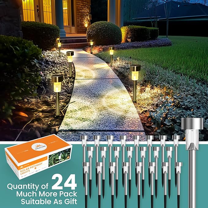 GIGALUMI 24 Pack Solar Path Lights Outdoor,Solar Lights Outdoor Waterproof,Stainless Steel LED Landscape Lighting,Solar Garden Lights for Driveway,Pathway,Patio,Yard