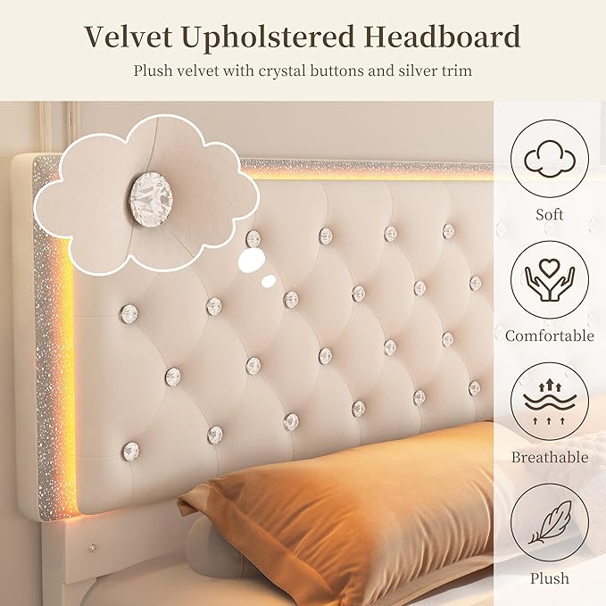Full LED Bed Frame with 2 Drawers, Storage Platform Beds with Upholstered Crystal Button Tufted Headboard Footboard, 2 Side Pockets, No Box Spring Needed, Velvet Cream