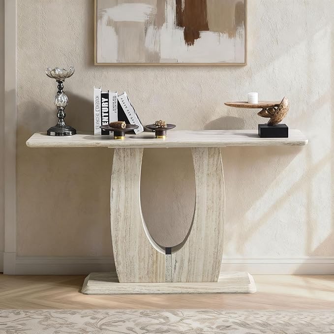 LKTART 55" MDF Console Table for Entryway, Narrow Entryway Table with Faux Mars Marble Pattern, Couch Tables Behind Sofa with U-Shaped Base for Living Room Hallway Foyer, Dark