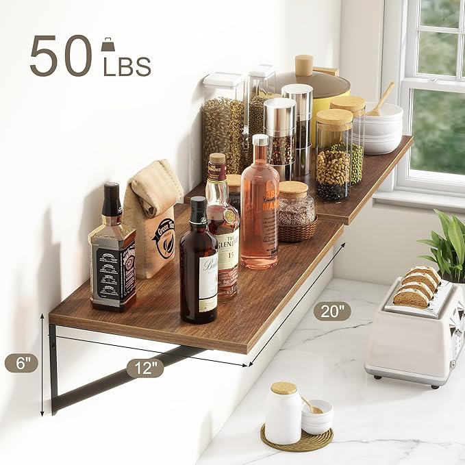 Fun Memories 20 Inch Floating Shelves, Deep Wall Shelves for Kitchen, 20 x 12 Floating Shelf for Living Room, Bedroom, Farmhouse Floating Shelves for Home Decor Storage, Walnut, Set of 2