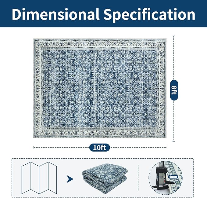 Washable Rugs 8x10 Area Rugs for Living Room,Bedroom,Dining Room- Soft Low Pile Stain Resistant Carpet with Non-Slip Rubber Backing,Large Vintage Area Rug for Farmhouse Nursery Home Office Decor